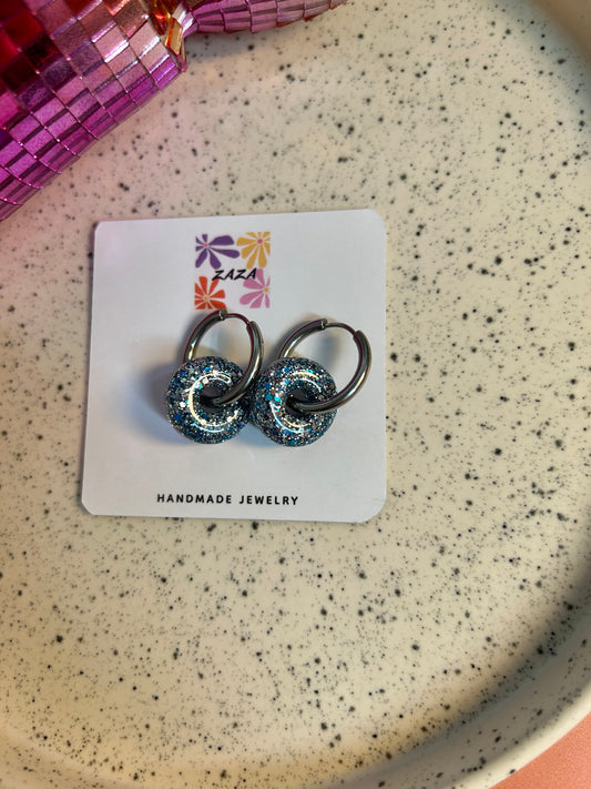 Boucle d’oreille Donuts bleu argenté